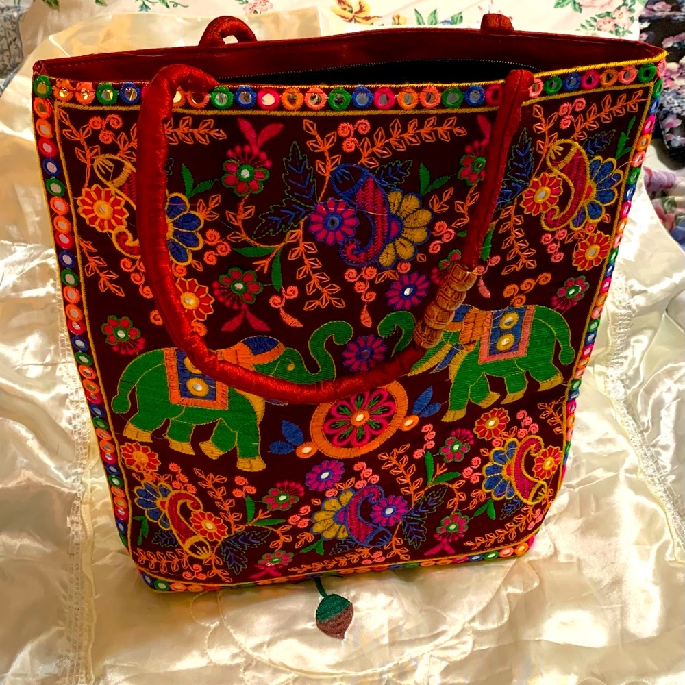KMA Designer Apparel Red Embroidered Tote bag